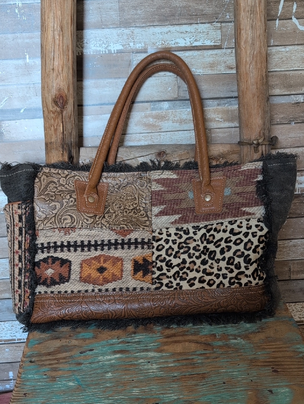 Myra Telluric Leather Tooling Patchwork Design With Aztec Tooling And Leopard